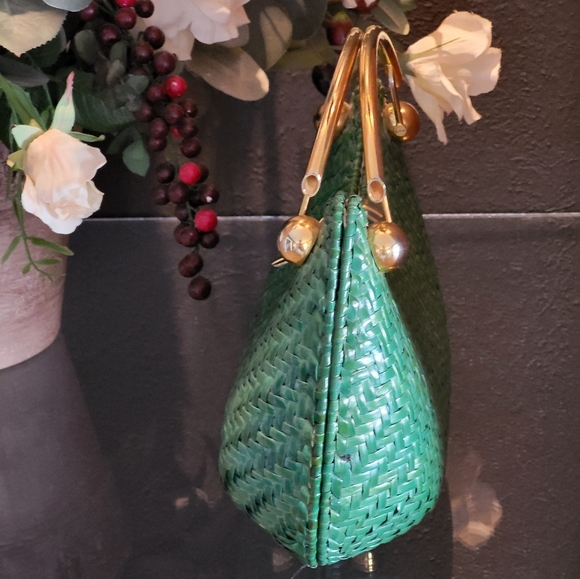 RODO vintage 70s green wicker crescent shaped handbag - Picture 6 of 11
